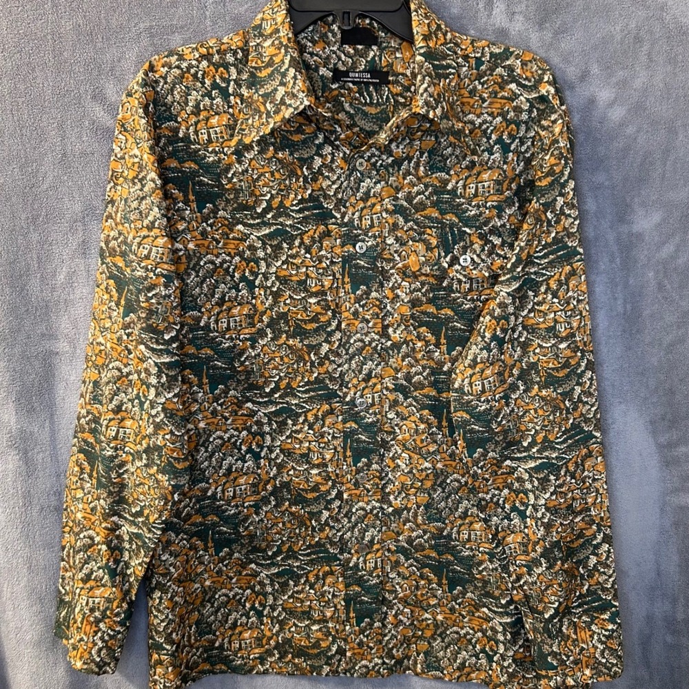 Vintage 70s AOP Disco Mens L Tuscan Village Landscape Print Polyester Shirt